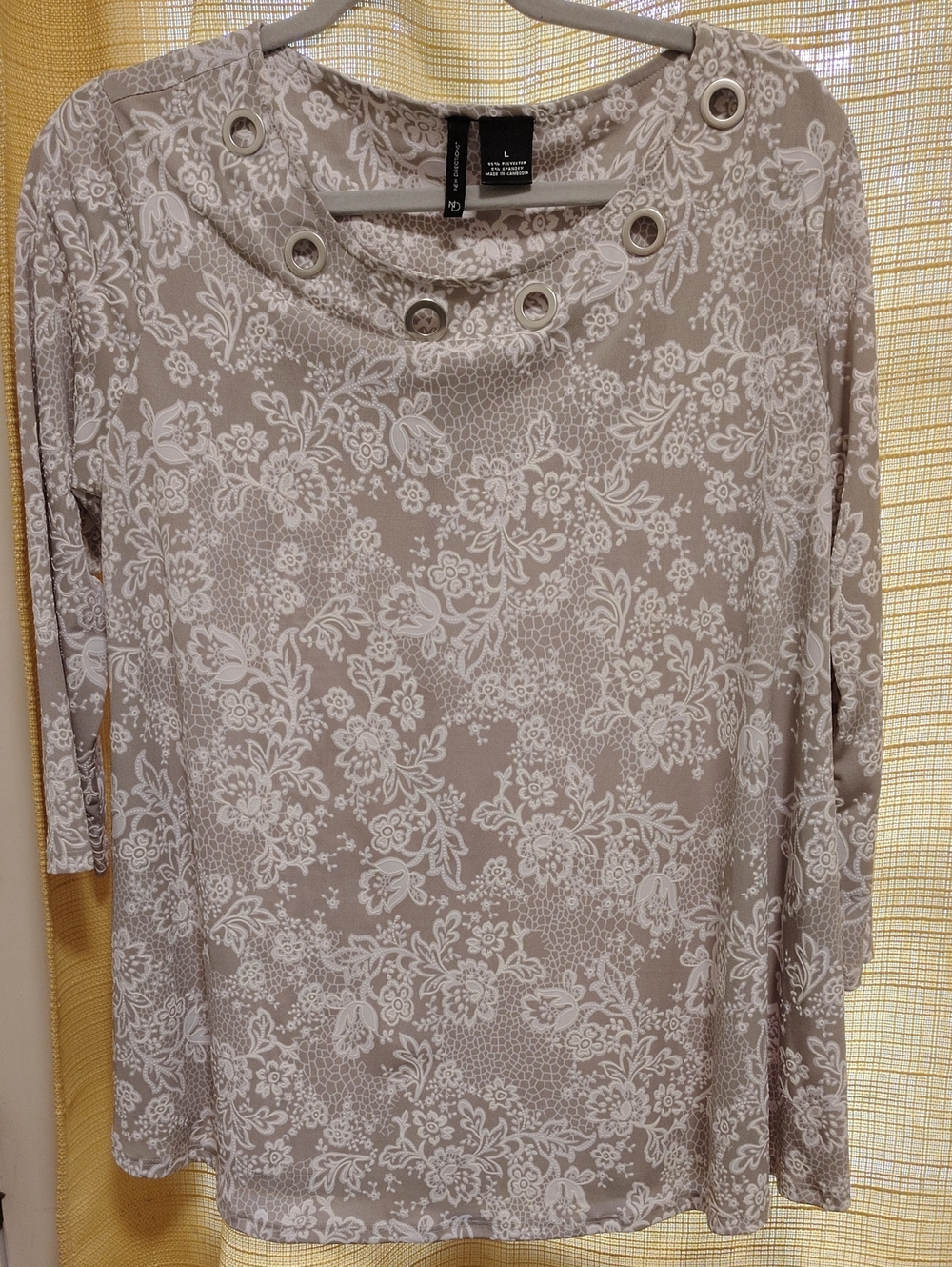 new directions Taupe Floral Grommet Long Sleeve Blouse